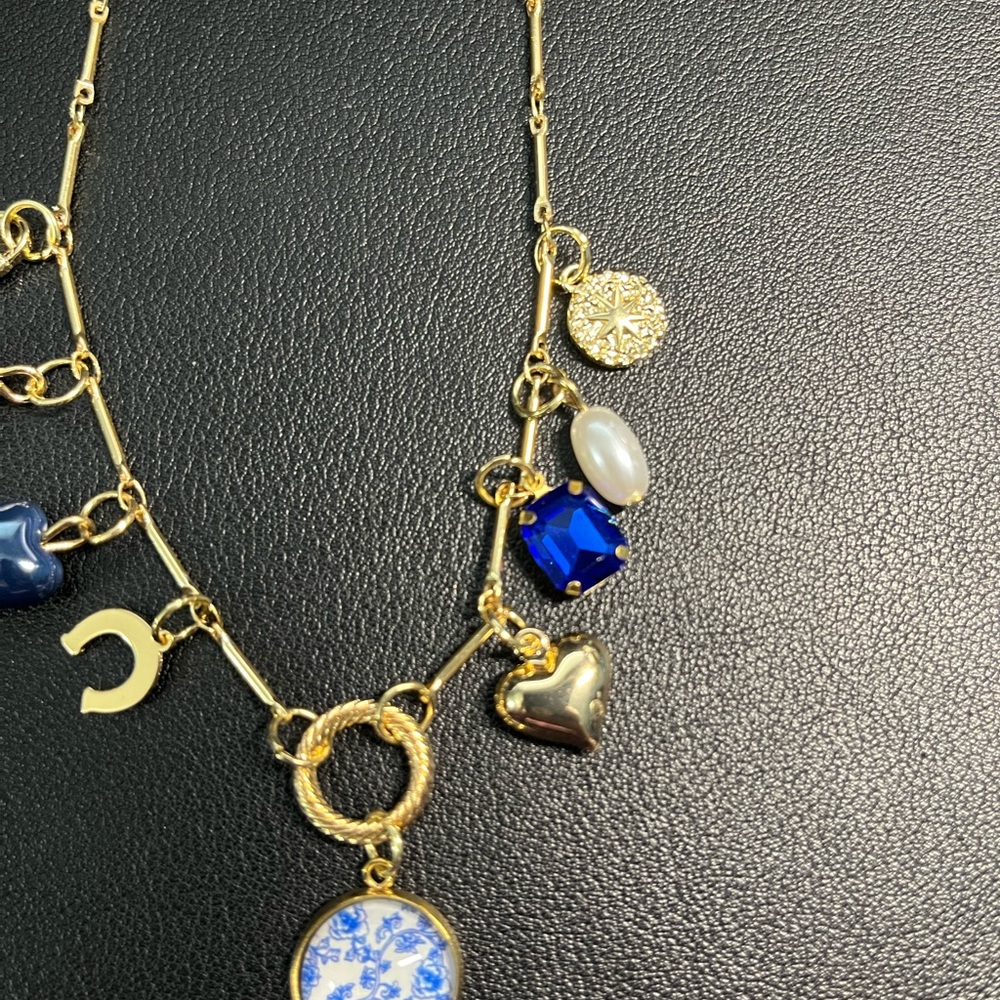 Gold Charm Necklace with Blue Accents. NWT. - Picture 3 of 5